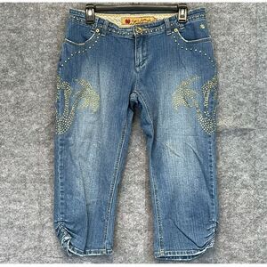 APPLE BOTTOMS Y2K Jeans Womens  9/10 Blue Denim Capri Palm Tree Gold Rhinestones